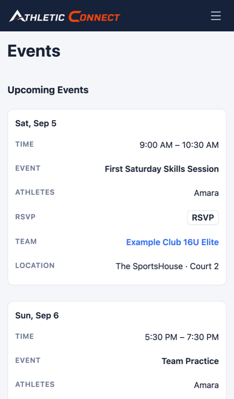 A family's schedule on a phone, listing upcoming practices and games with times, teams and locations.