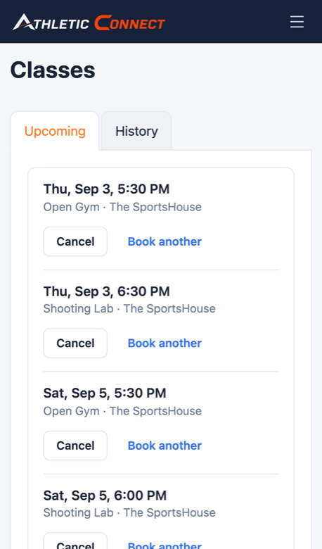 Booked classes on a phone, each with its time, venue and free-cancellation window.